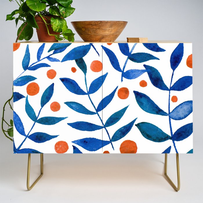 Watercolor berries and branches - blue and orange Credenza Gallery Image 1