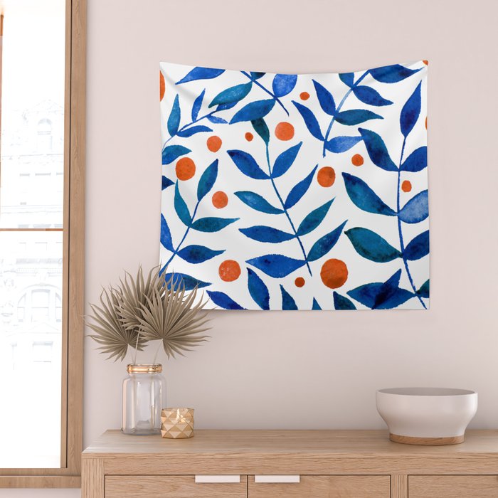 Watercolor berries and branches - blue and orange Wall Tapestry Gallery Image 2