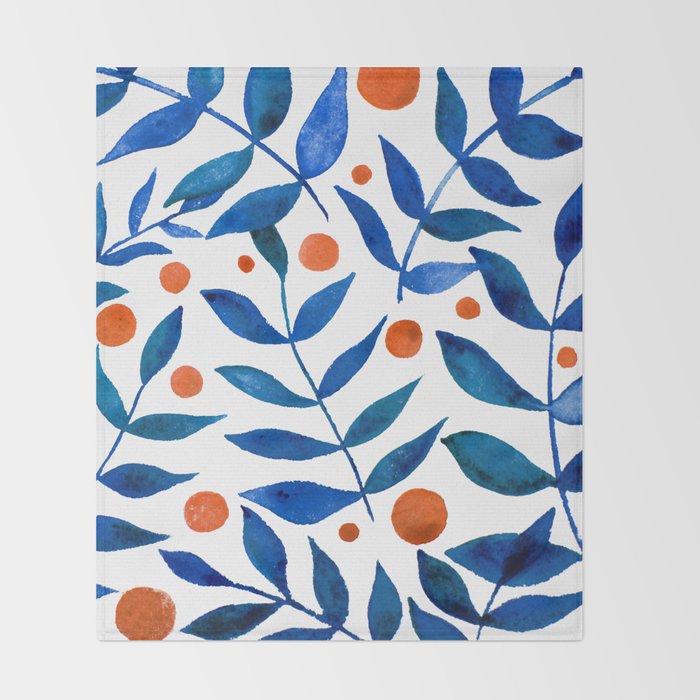 Watercolor berries and branches - blue and orange Throw Blanket Gallery Image 2