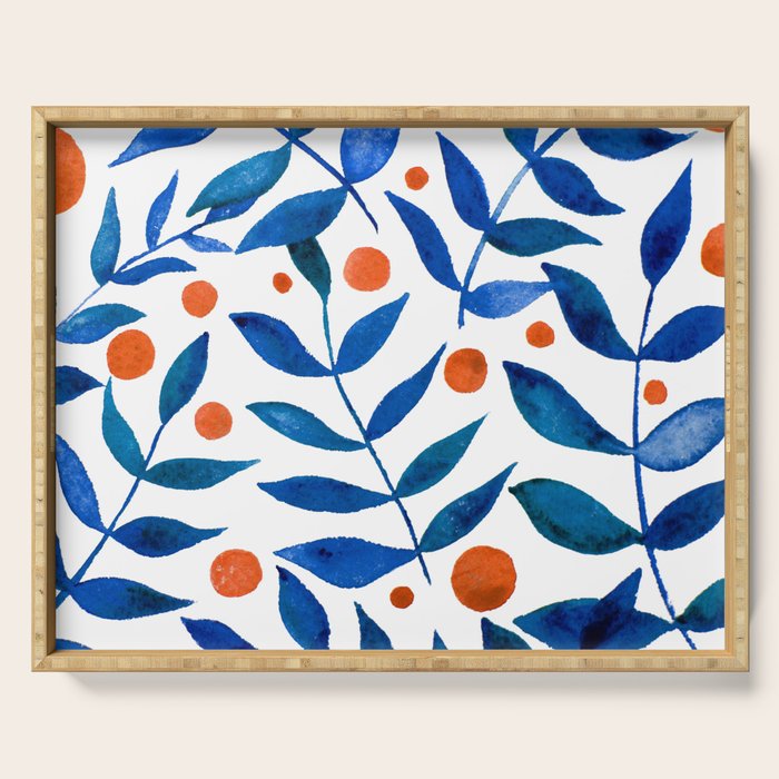 Watercolor berries and branches - blue and orange Serving Tray Gallery Image 1