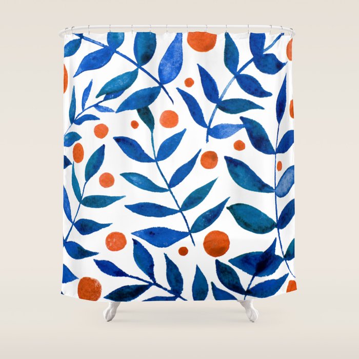 Watercolor berries and branches - blue and orange Shower Curtain Gallery Image 1