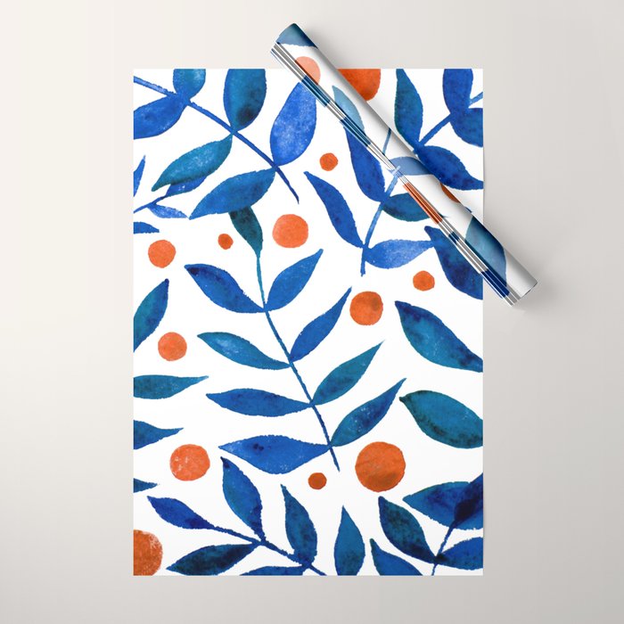 Watercolor berries and branches - blue and orange Wrapping Paper Gallery Image 1