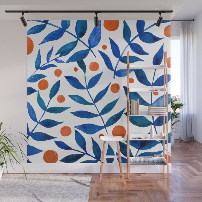 Watercolor berries and branches - blue and orange Wall Mural Gallery Image 1