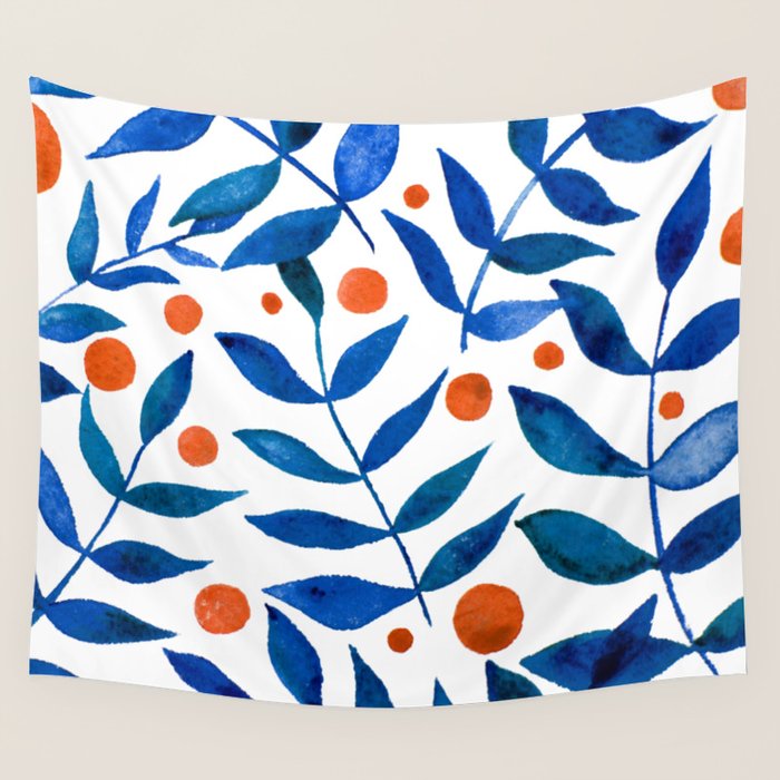 Watercolor berries and branches - blue and orange Wall Tapestry Gallery Image 4