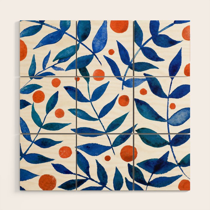 Watercolor berries and branches - blue and orange Wood Wall Art Gallery Image 1
