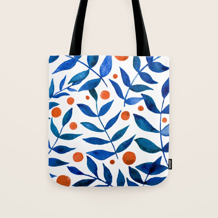 Watercolor berries and branches - blue and orange Tote Bag Gallery Image 1