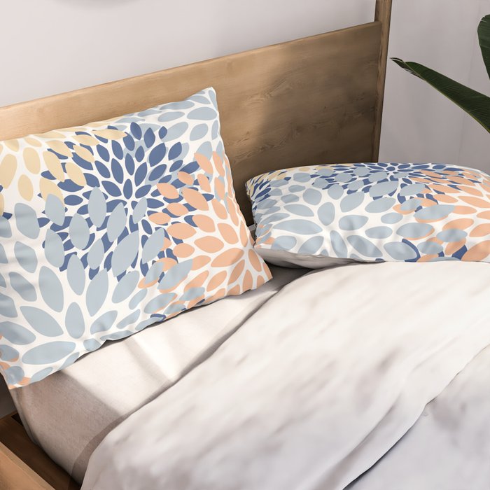 Festive, Floral Print, Coral, Peach, Light Blue, Navy Pillow Sham Gallery Image 2