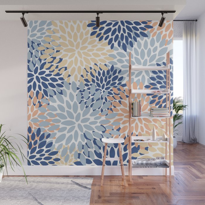 Festive, Floral Print, Coral, Peach, Light Blue, Navy Wall Mural Gallery Image 1