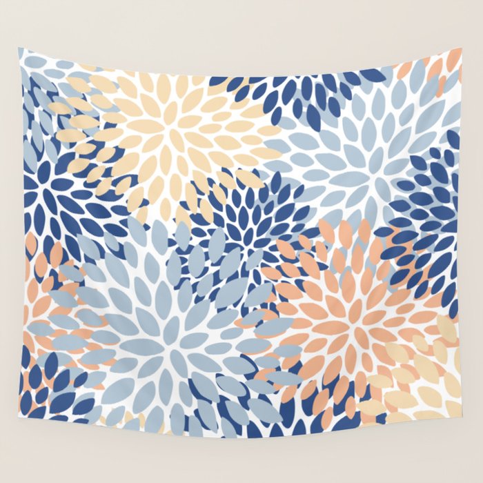Festive, Floral Print, Coral, Peach, Light Blue, Navy Wall Tapestry Gallery Image 4