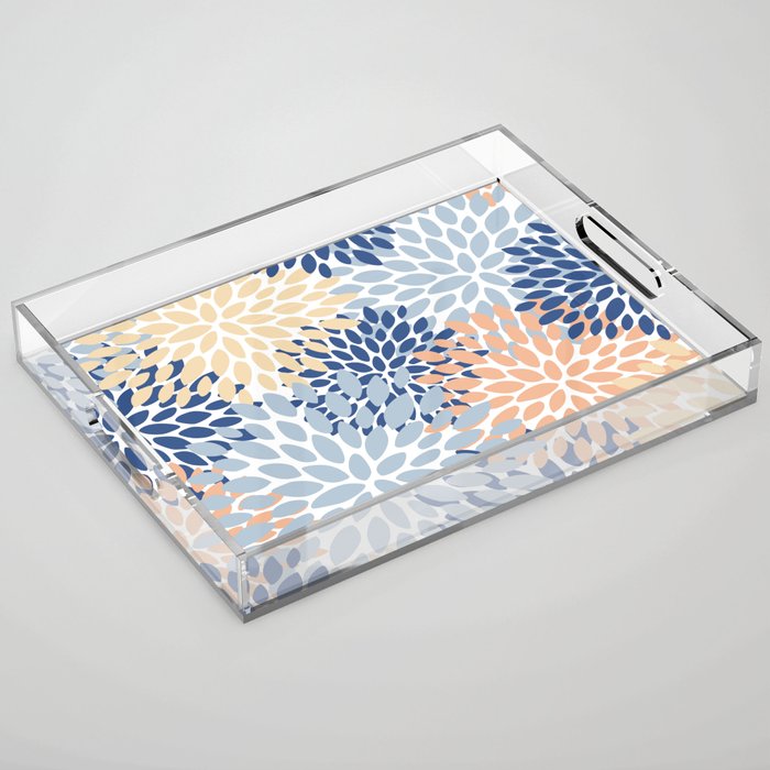 Festive, Floral Print, Coral, Peach, Light Blue, Navy Acrylic Tray Gallery Image 1