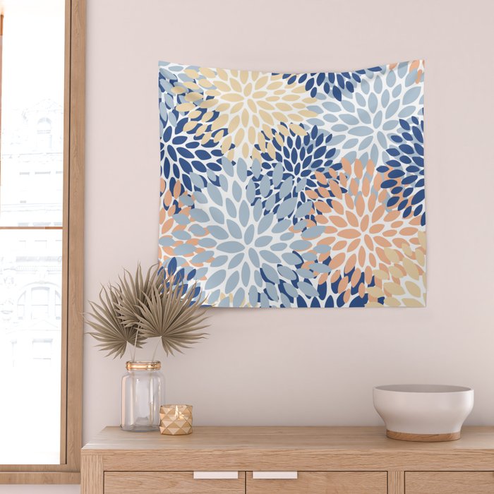 Festive, Floral Print, Coral, Peach, Light Blue, Navy Wall Tapestry Gallery Image 2