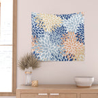 Festive, Floral Print, Coral, Peach, Light Blue, Navy Wall Tapestry Gallery Image 2