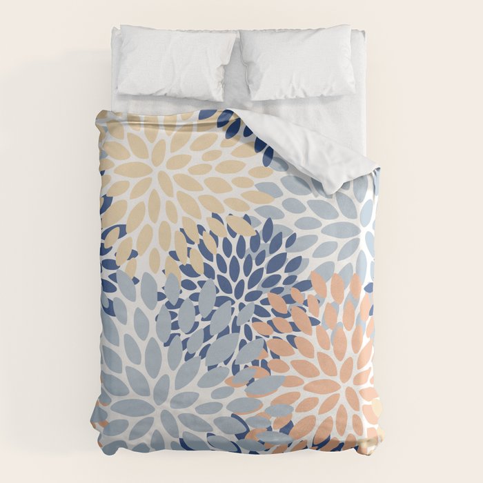 Festive, Floral Print, Coral, Peach, Light Blue, Navy Duvet Cover Gallery Image 6