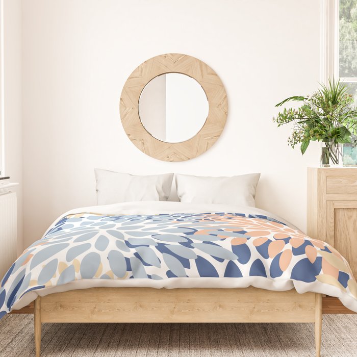 Festive, Floral Print, Coral, Peach, Light Blue, Navy Duvet Cover Gallery Image 3