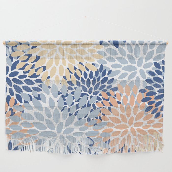 Festive, Floral Print, Coral, Peach, Light Blue, Navy Wall Hanging Gallery Image 1