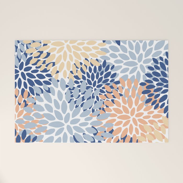 Festive, Floral Print, Coral, Peach, Light Blue, Navy Welcome Mat Gallery Image 1
