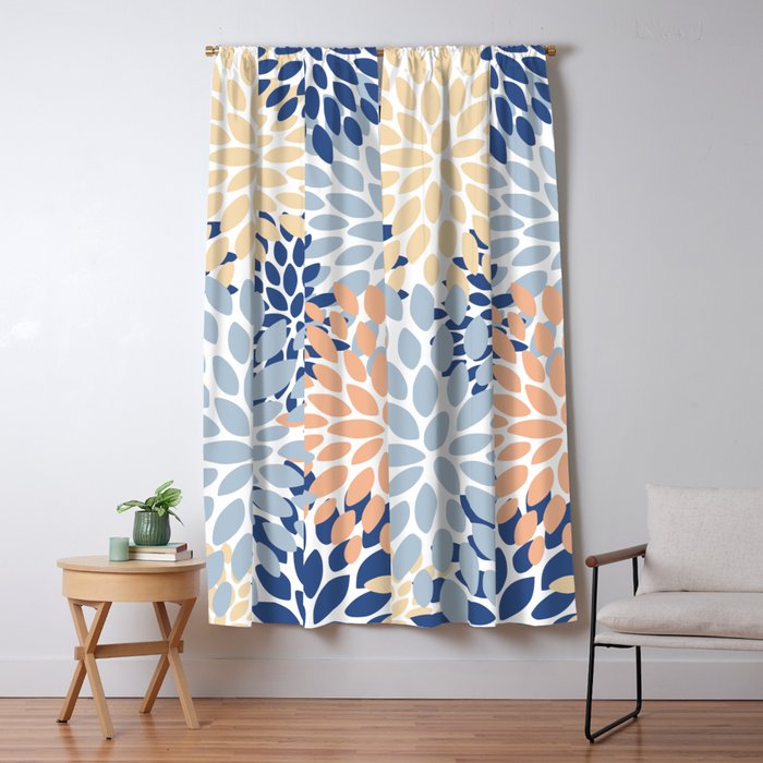Festive, Floral Print, Coral, Peach, Light Blue, Navy Window Curtain Gallery Image 1