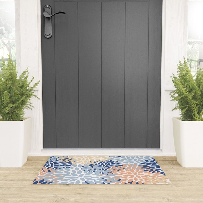 Festive, Floral Print, Coral, Peach, Light Blue, Navy Welcome Mat Gallery Image 3
