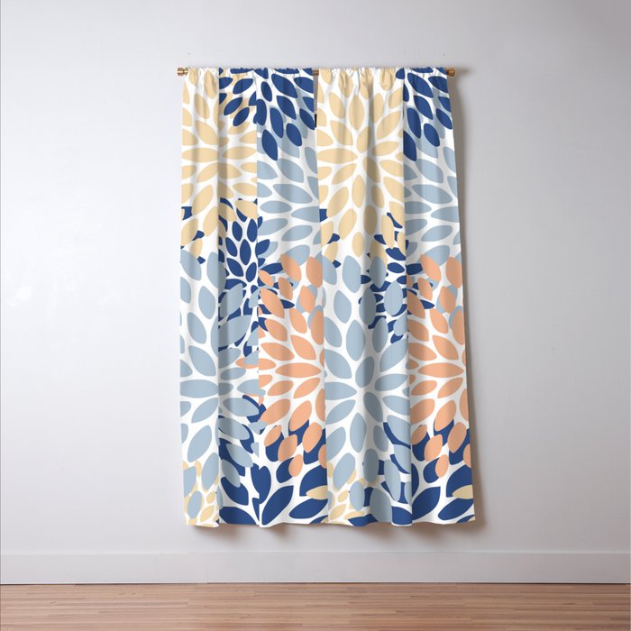 Festive, Floral Print, Coral, Peach, Light Blue, Navy Window Curtain Gallery Image 3