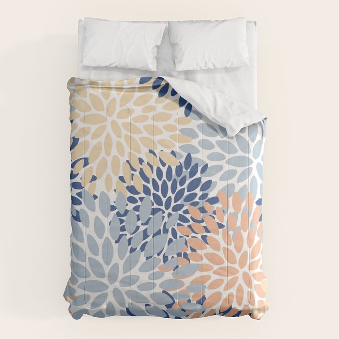 Festive, Floral Print, Coral, Peach, Light Blue, Navy Comforter Gallery Image 1