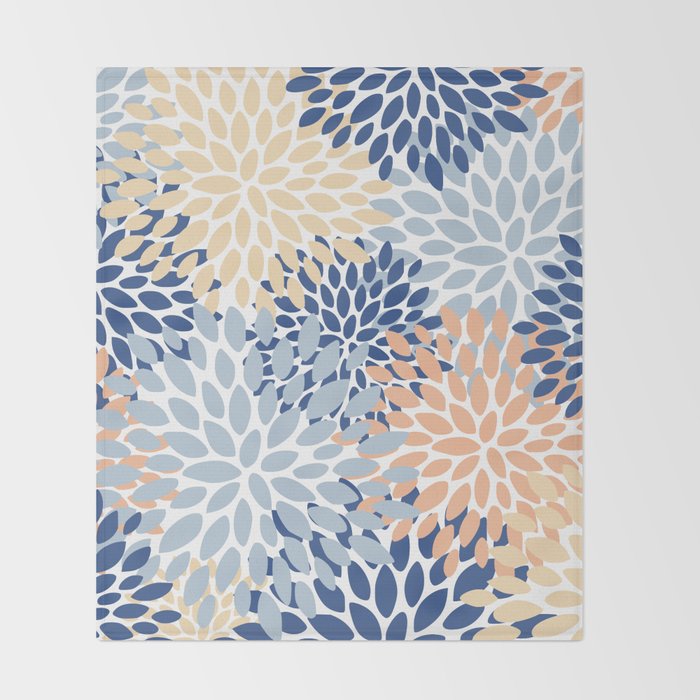 Festive, Floral Print, Coral, Peach, Light Blue, Navy Throw Blanket Gallery Image 2