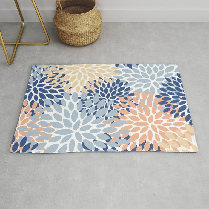 Festive, Floral Print, Coral, Peach, Light Blue, Navy Rug Gallery Image 1