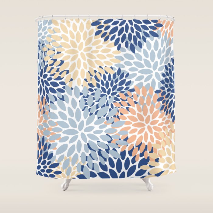 Festive, Floral Print, Coral, Peach, Light Blue, Navy Shower Curtain Gallery Image 1