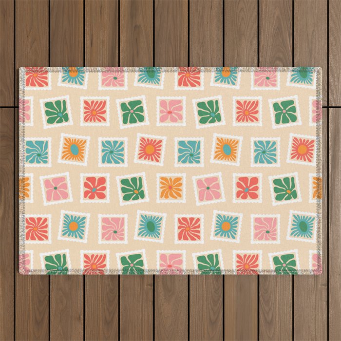 Vintage flower postage stamp pattern Outdoor Rug Gallery Image 1