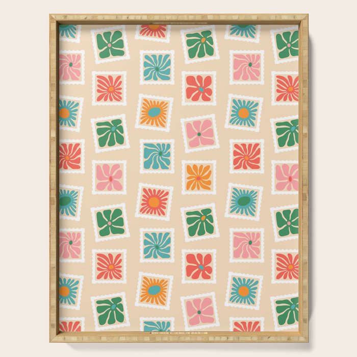 Vintage flower postage stamp pattern Serving Tray Gallery Image 1