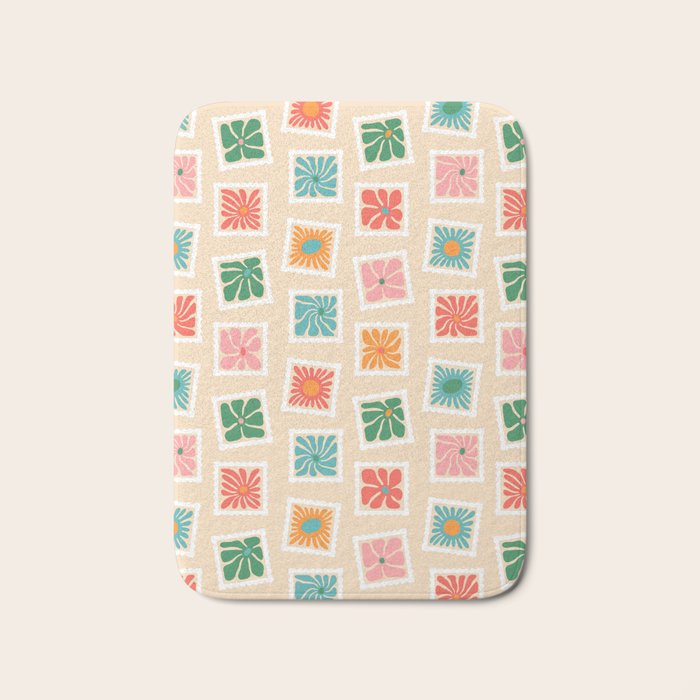 Vintage flower postage stamp pattern Bath Mat Gallery Image 1