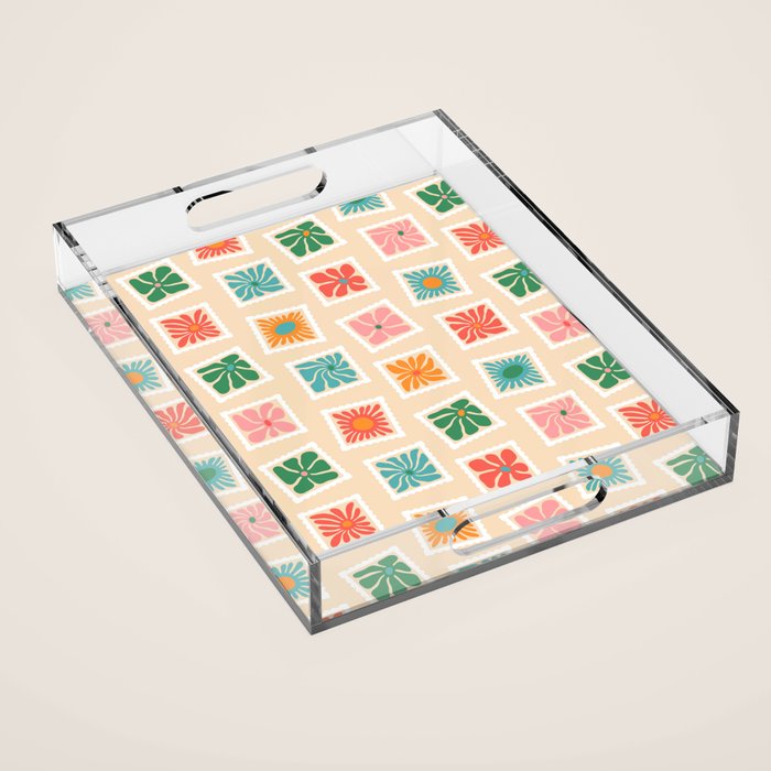 Vintage flower postage stamp pattern Acrylic Tray Gallery Image 1