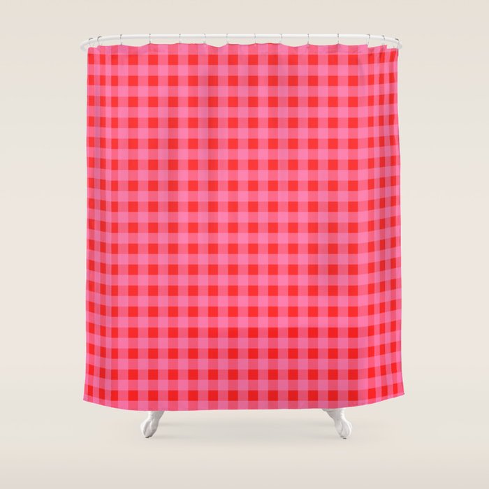 Gingham Checkered Plaid Pattern in Preppy Pink and Red Shower Curtain Gallery Image 1