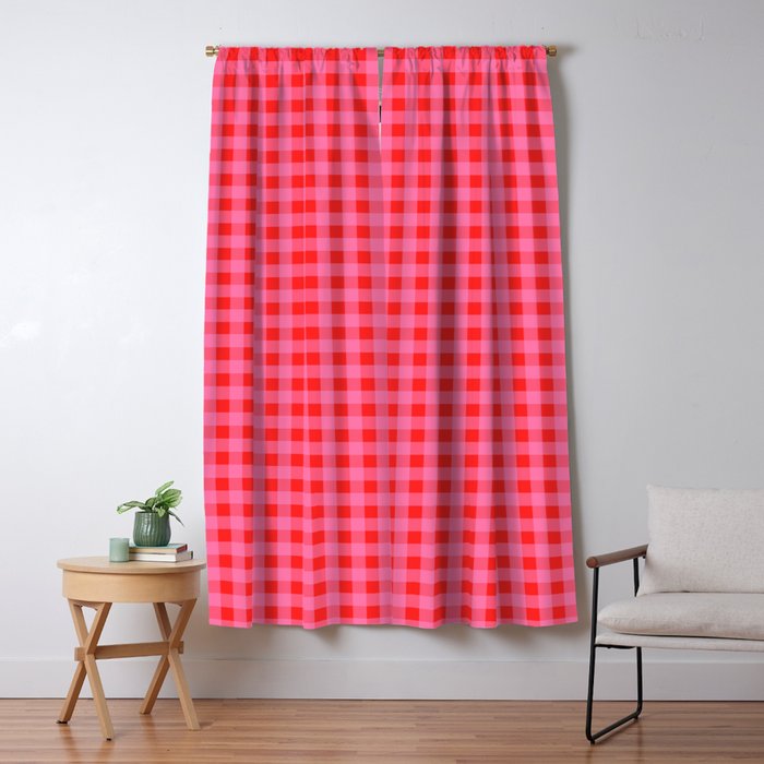 Gingham Checkered Plaid Pattern in Preppy Pink and Red Window Curtain Gallery Image 5