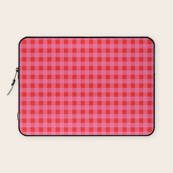 Gingham Checkered Plaid Pattern in Preppy Pink and Red Laptop Sleeve Gallery Image 1