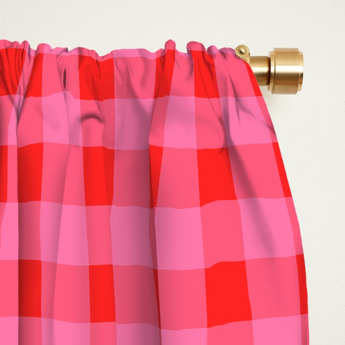 Gingham Checkered Plaid Pattern in Preppy Pink and Red Window Curtain Gallery Image 2