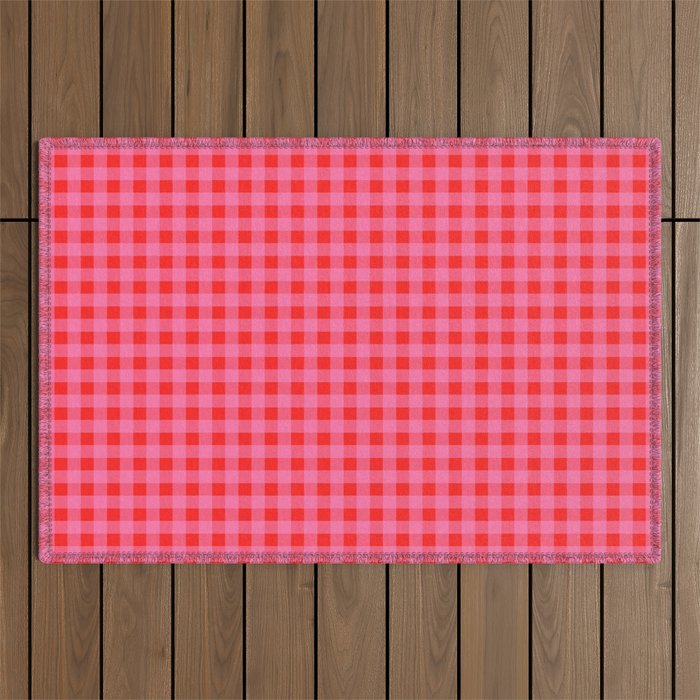 Gingham Checkered Plaid Pattern in Preppy Pink and Red Outdoor Rug Gallery Image 1