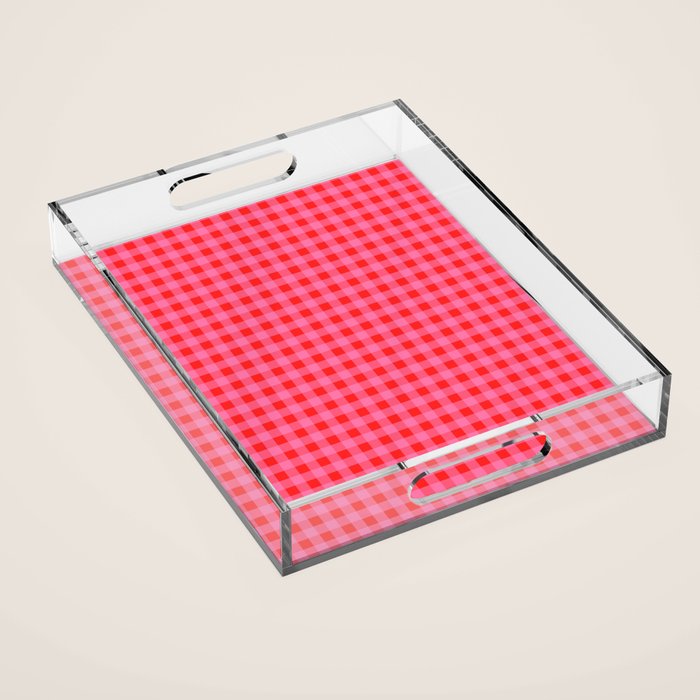 Gingham Checkered Plaid Pattern in Preppy Pink and Red Acrylic Tray Gallery Image 1