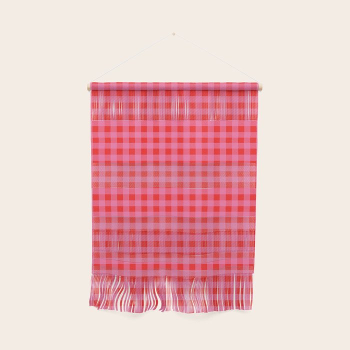 Gingham Checkered Plaid Pattern in Preppy Pink and Red Wall Hanging Gallery Image 1