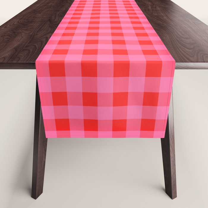 Gingham Checkered Plaid Pattern in Preppy Pink and Red Table Runner Gallery Image 1