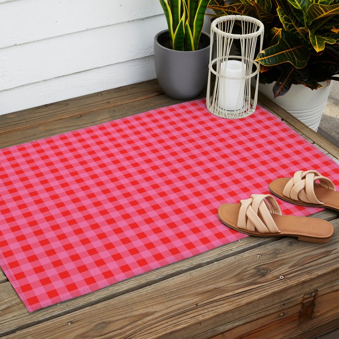 Gingham Checkered Plaid Pattern in Preppy Pink and Red Outdoor Rug Gallery Image 2
