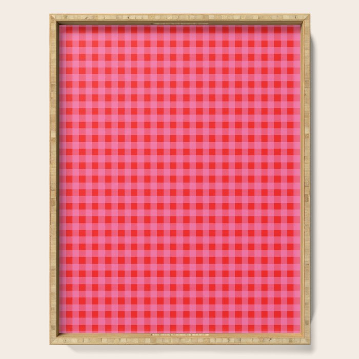 Gingham Checkered Plaid Pattern in Preppy Pink and Red Serving Tray Gallery Image 1