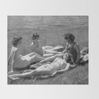 Relaxing By The River, Black and White Vintage Photo Throw Blanket Gallery Image 2
