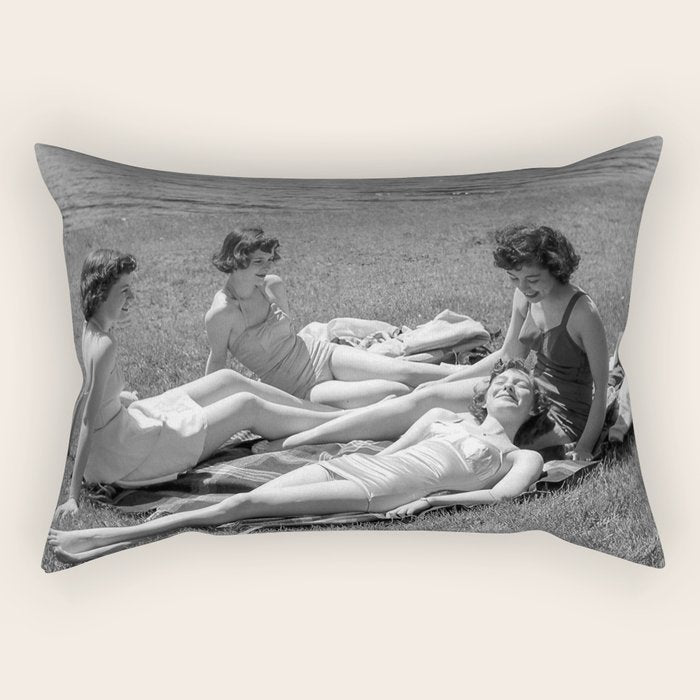 Relaxing By The River, Black and White Vintage Photo Rectangular Pillow Gallery Image 2