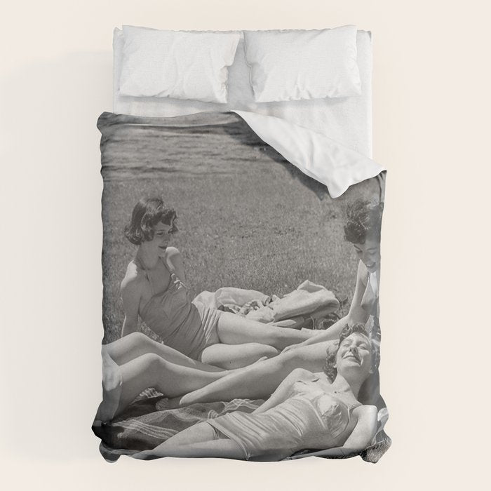 Relaxing By The River, Black and White Vintage Photo Duvet Cover Gallery Image 1