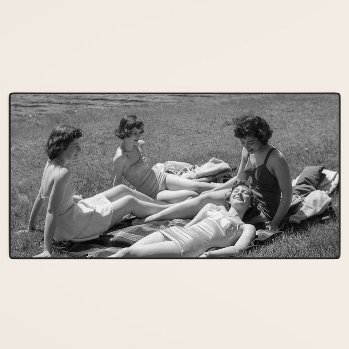 Relaxing By The River, Black and White Vintage Photo Desk Mat Gallery Image 3