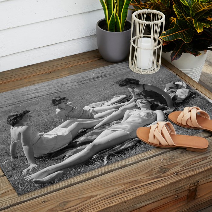 Relaxing By The River, Black and White Vintage Photo Outdoor Rug Gallery Image 2