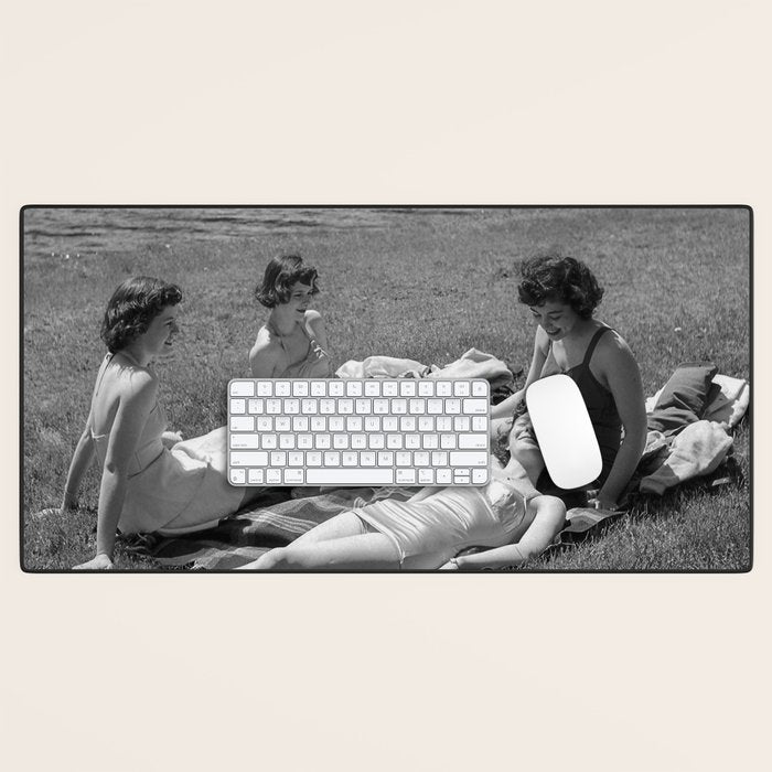 Relaxing By The River, Black and White Vintage Photo Desk Mat Gallery Image 1