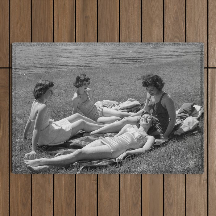 Relaxing By The River, Black and White Vintage Photo Outdoor Rug Gallery Image 1