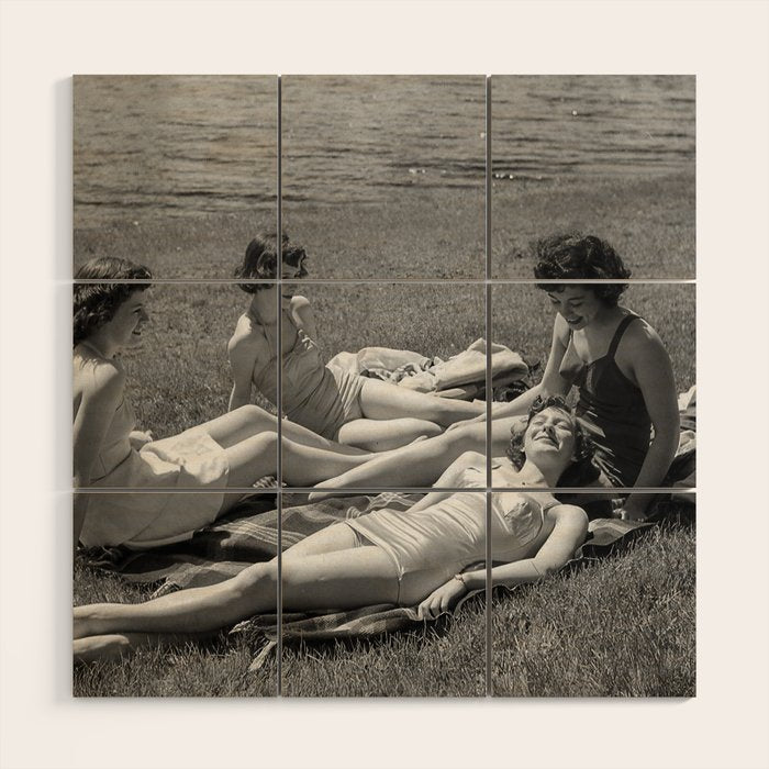 Relaxing By The River, Black and White Vintage Photo Wood Wall Art Gallery Image 1