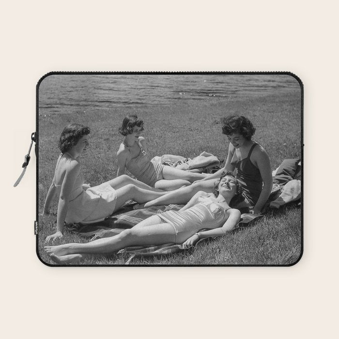 Relaxing By The River, Black and White Vintage Photo Laptop Sleeve Gallery Image 1